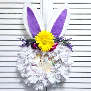 Hand Crafted Easter Bunny Rabbit Fabric Rag Wreath, Purple & White, Bunny Sign